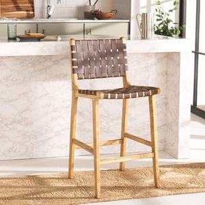 Safavieh Adah Leather Counter Stool - Coastal Charm With Open Wood Frame And Woven Leather For Timeless Style Cognac / Natural BST1015D
