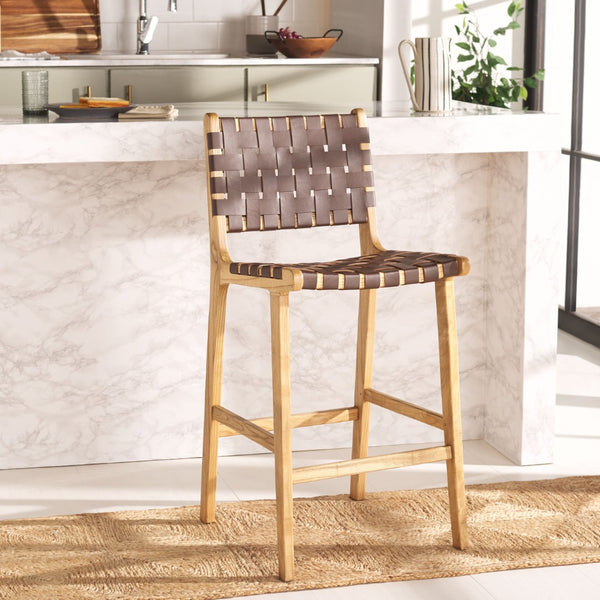 Safavieh Adah Leather Counter Stool - Coastal Charm With Open Wood Frame And Woven Leather For Timeless Style Cognac / Natural BST1015D
