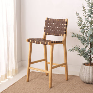 Safavieh Adah Leather Counter Stool - Coastal Charm With Open Wood Frame And Woven Leather For Timeless Style Cognac / Natural BST1015D