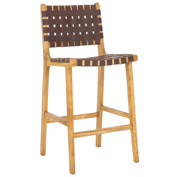 Safavieh Adah Leather Counter Stool - Coastal Charm With Open Wood Frame And Woven Leather For Timeless Style Cognac / Natural BST1015D