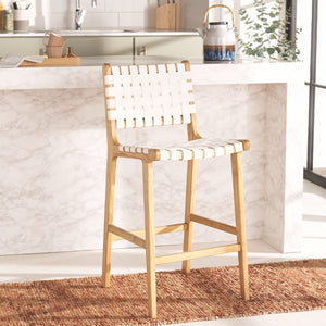 Safavieh Adah Leather Counter Stool - Coastal Charm With Open Wood Frame And Woven Leather For Timeless Style White / Natural BST1015E