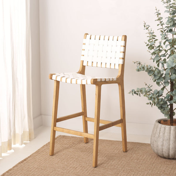 Safavieh Adah Leather Counter Stool - Coastal Charm With Open Wood Frame And Woven Leather For Timeless Style White / Natural BST1015E