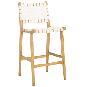 Safavieh Adah Leather Counter Stool - Coastal Charm With Open Wood Frame And Woven Leather For Timeless Style White / Natural BST1015E