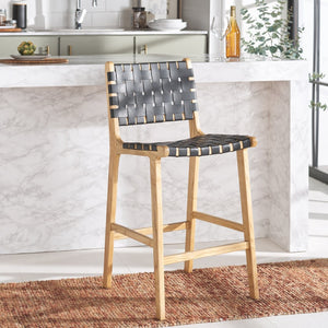 Safavieh Adah Leather Counter Stool - Coastal Charm With Open Wood Frame And Woven Leather For Timeless Style Black / Natural BST1015F