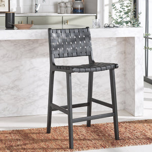 Safavieh Adah Leather Counter Stool - Coastal Charm With Open Wood Frame And Woven Leather For Timeless Style Black BST1015G