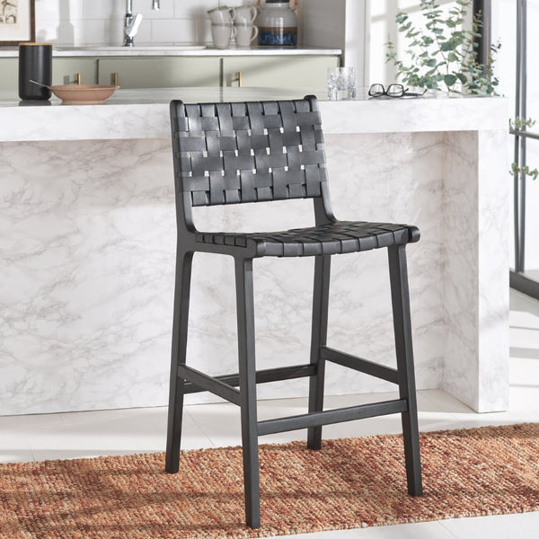 Safavieh Adah Leather Counter Stool - Coastal Charm With Open Wood Frame And Woven Leather For Timeless Style Black BST1015G