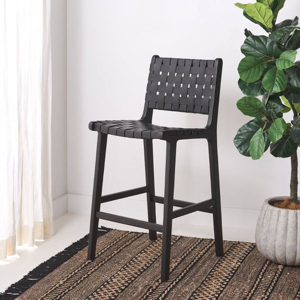 Safavieh Adah Leather Counter Stool - Coastal Charm With Open Wood Frame And Woven Leather For Timeless Style Black BST1015G