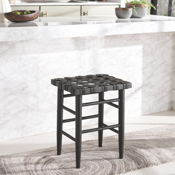 Safavieh Walda Black Leather Woven Counter Stool - Modern Artisanal Design For Dining & Bar Spaces, 25" Height BST1017A