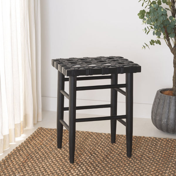 Safavieh Walda Black Leather Woven Counter Stool - Modern Artisanal Design For Dining & Bar Spaces, 25" Height BST1017A