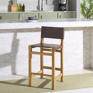 Safavieh Romee Counter Stool – Stylish Teak Frame & Sling Leather Seat For Modern Kitchen Or Bar Seating Cognac / Natural BST1200A