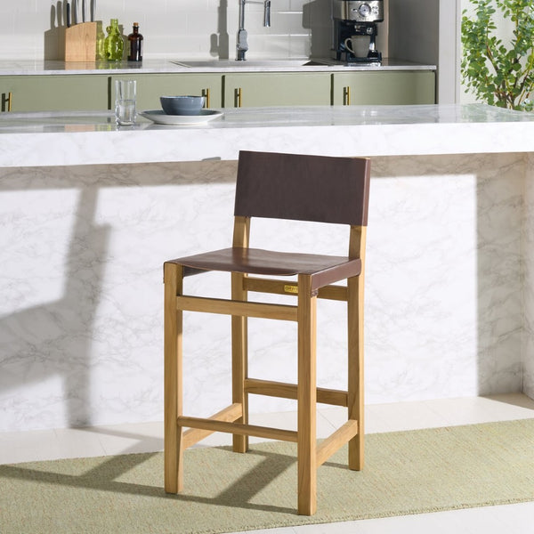 Safavieh Romee Counter Stool – Stylish Teak Frame & Sling Leather Seat For Modern Kitchen Or Bar Seating Cognac / Natural BST1200A