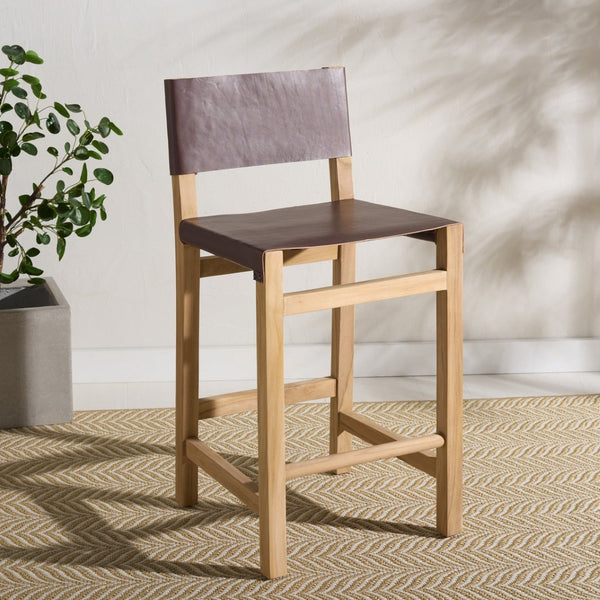 Safavieh Romee Counter Stool – Stylish Teak Frame & Sling Leather Seat For Modern Kitchen Or Bar Seating Cognac / Natural BST1200A