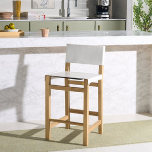 Safavieh Romee Counter Stool – Stylish Teak Frame & Sling Leather Seat For Modern Kitchen Or Bar Seating White / Natural BST1200B