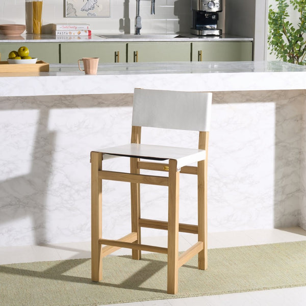 Safavieh Romee Counter Stool – Stylish Teak Frame & Sling Leather Seat For Modern Kitchen Or Bar Seating White / Natural BST1200B