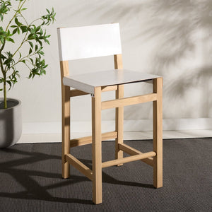 Safavieh Romee Counter Stool – Stylish Teak Frame & Sling Leather Seat For Modern Kitchen Or Bar Seating White / Natural BST1200B
