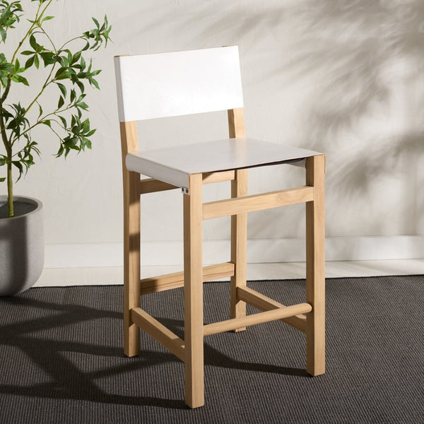 Safavieh Romee Counter Stool – Stylish Teak Frame & Sling Leather Seat For Modern Kitchen Or Bar Seating White / Natural BST1200B