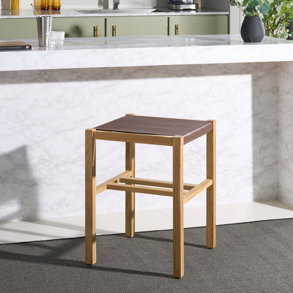 Safavieh Solana Counter Stool - Modern Rustic Teak Frame With Comfortable Leather Sling Seat For Any Space Cognac / Natural BST1201A