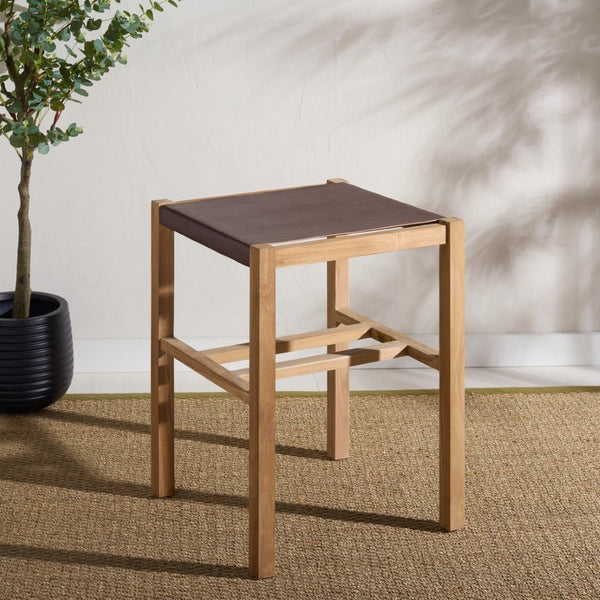 Safavieh Solana Counter Stool - Modern Rustic Teak Frame With Comfortable Leather Sling Seat For Any Space Cognac / Natural BST1201A