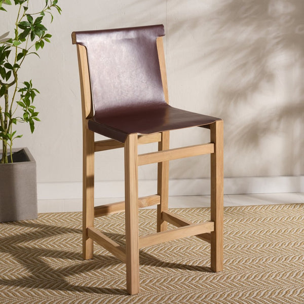 Safavieh Arian Counter Stool: Rustic Teak Frame With Comfortable Leather Sling For Stylish High Dining Spaces Cognac / Natural BST1202A