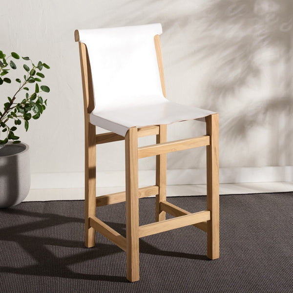 Safavieh Arian Counter Stool: Rustic Teak Frame With Comfortable Leather Sling For Stylish High Dining Spaces White / Natural BST1202B