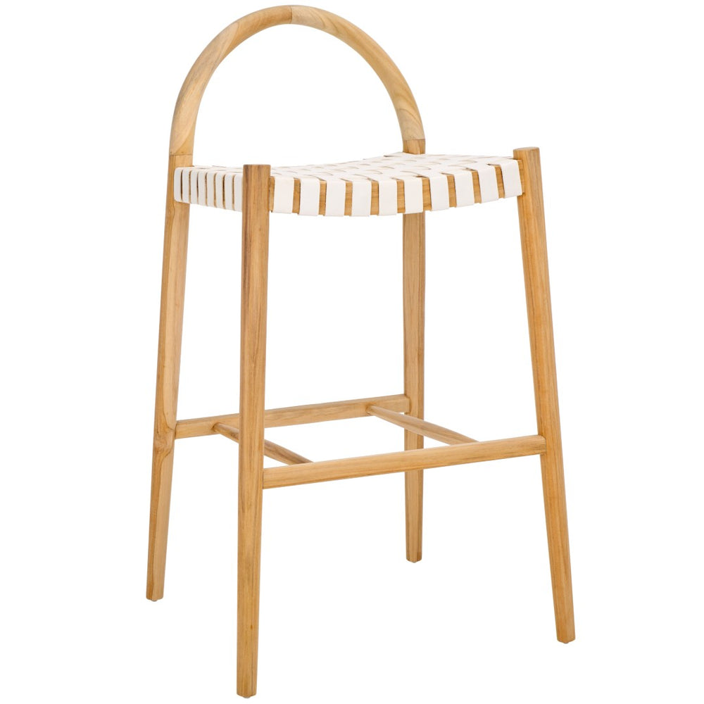 Safavieh Rhyan Bar Stool - Chic Woven White Leather & Teak Frame, Perfect For Modern Kitchen & Dining Spaces BST1204A