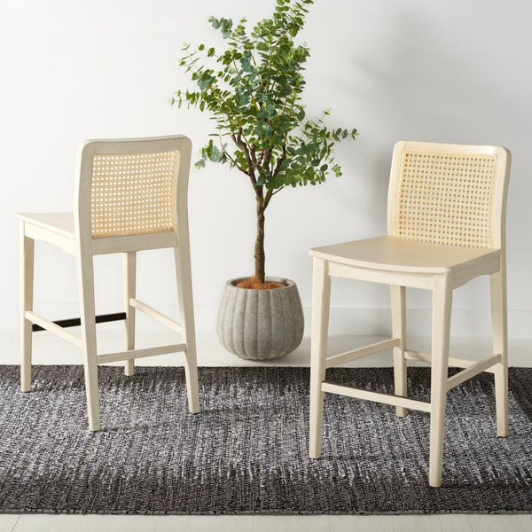 Safavieh BENICIO RATTAN COUNTER STOOL Set of Two for Stylish Coastal Kitchen & Bar Seating Comfort White / Natural BST1506B-SET2