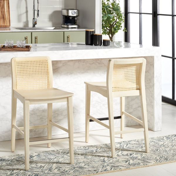 Safavieh BENICIO RATTAN COUNTER STOOL Set of Two for Stylish Coastal Kitchen & Bar Seating Comfort White / Natural BST1506B-SET2