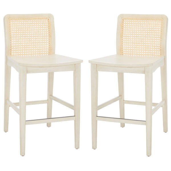 Safavieh BENICIO RATTAN COUNTER STOOL Set of Two for Stylish Coastal Kitchen & Bar Seating Comfort White / Natural BST1506B-SET2