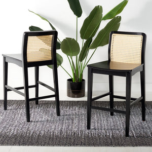 Safavieh BENICIO RATTAN COUNTER STOOL Set of Two for Stylish Coastal Kitchen & Bar Seating Comfort Black / Natural BST1506C-SET2