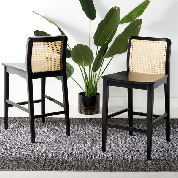 Safavieh BENICIO RATTAN COUNTER STOOL Set of Two for Stylish Coastal Kitchen & Bar Seating Comfort Black / Natural BST1506C-SET2