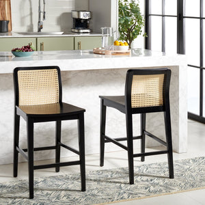 Safavieh BENICIO RATTAN COUNTER STOOL Set of Two for Stylish Coastal Kitchen & Bar Seating Comfort Black / Natural BST1506C-SET2
