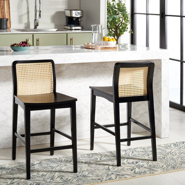 Safavieh BENICIO RATTAN COUNTER STOOL Set of Two for Stylish Coastal Kitchen & Bar Seating Comfort Black / Natural BST1506C-SET2