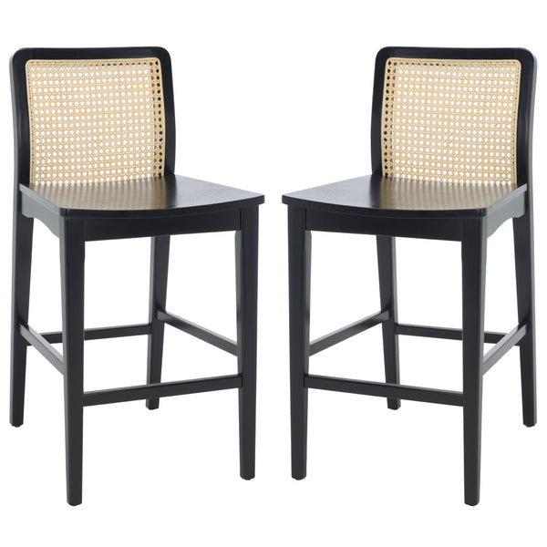 Safavieh BENICIO RATTAN COUNTER STOOL Set of Two for Stylish Coastal Kitchen & Bar Seating Comfort Black / Natural BST1506C-SET2