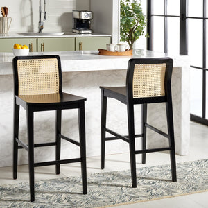 Safavieh BENICIO RATTAN BAR STOOL - Coastal Charm with Ergonomic Design for Stylish Kitchen or Bar Seating Black / Natural BST1507C-SET2