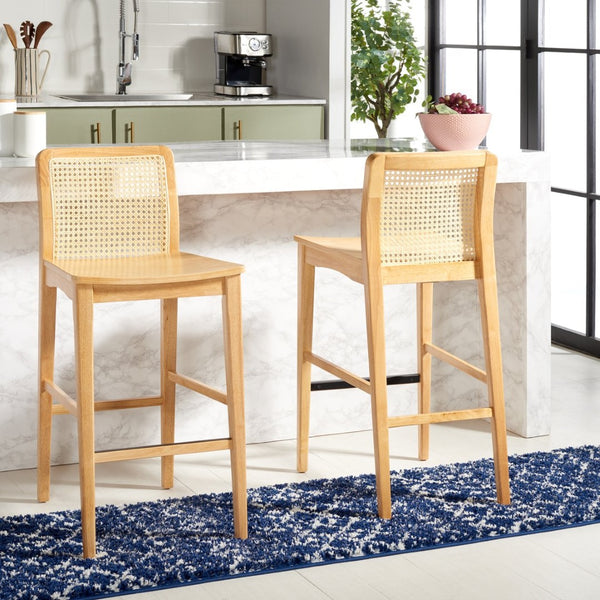 Safavieh BENICIO RATTAN BAR STOOL - Coastal Charm with Ergonomic Design for Stylish Kitchen or Bar Seating Natural BST1507D-SET2