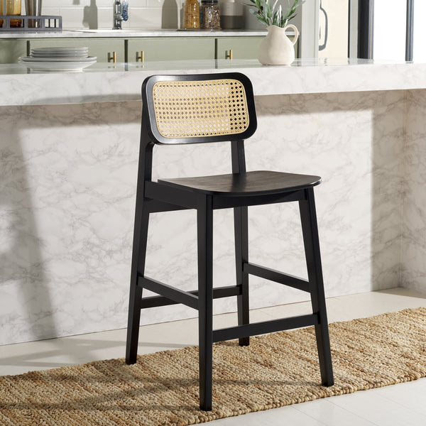 Safavieh Luz Cane Counter Stool - Elegant Natural Rattan Seat With Modern Black Legs For Chic Home Decor Black ,Natural Wood ,Rattan Bst1509a