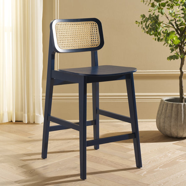 Safavieh Luz Cane Counter Stool - Elegant Natural Rattan Seat With Modern Black Legs For Chic Home Decor Navy ,Natural Wood ,Rattan Bst1509d