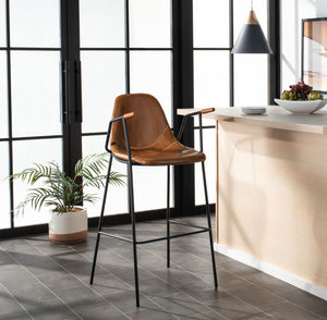 Safavieh Tanner Mid-Century Barstool: Stylish Pu Leather Seat With Walnut Accents & Hairpin Metal Legs Cognac Pu/Black BST3001A