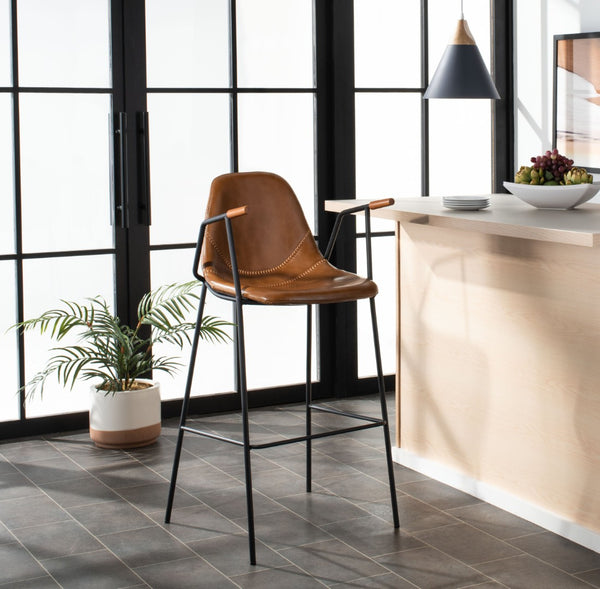 Safavieh Tanner Mid-Century Barstool: Stylish Pu Leather Seat With Walnut Accents & Hairpin Metal Legs Cognac Pu/Black BST3001A