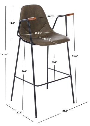 Safavieh Tanner Mid-Century Barstool: Stylish Pu Leather Seat With Walnut Accents & Hairpin Metal Legs Olive Pu/Black BST3001B