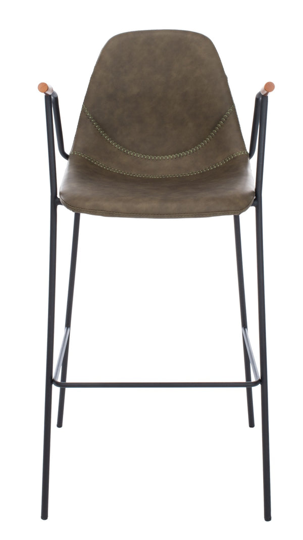 Safavieh Tanner Mid-Century Barstool: Stylish Pu Leather Seat With Walnut Accents & Hairpin Metal Legs Olive Pu/Black BST3001B
