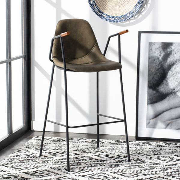 Safavieh Tanner Mid-Century Barstool: Stylish Pu Leather Seat With Walnut Accents & Hairpin Metal Legs Olive Pu/Black BST3001B