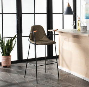 Safavieh Tanner Mid-Century Barstool: Stylish Pu Leather Seat With Walnut Accents & Hairpin Metal Legs Olive Pu/Black BST3001B