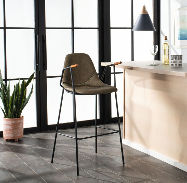 Safavieh Tanner Mid-Century Barstool: Stylish Pu Leather Seat With Walnut Accents & Hairpin Metal Legs Olive Pu/Black BST3001B
