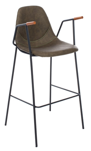 Safavieh Tanner Mid-Century Barstool: Stylish Pu Leather Seat With Walnut Accents & Hairpin Metal Legs Olive Pu/Black BST3001B