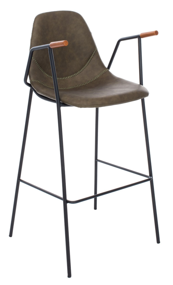 Safavieh Tanner Mid-Century Barstool: Stylish Pu Leather Seat With Walnut Accents & Hairpin Metal Legs Olive Pu/Black BST3001B