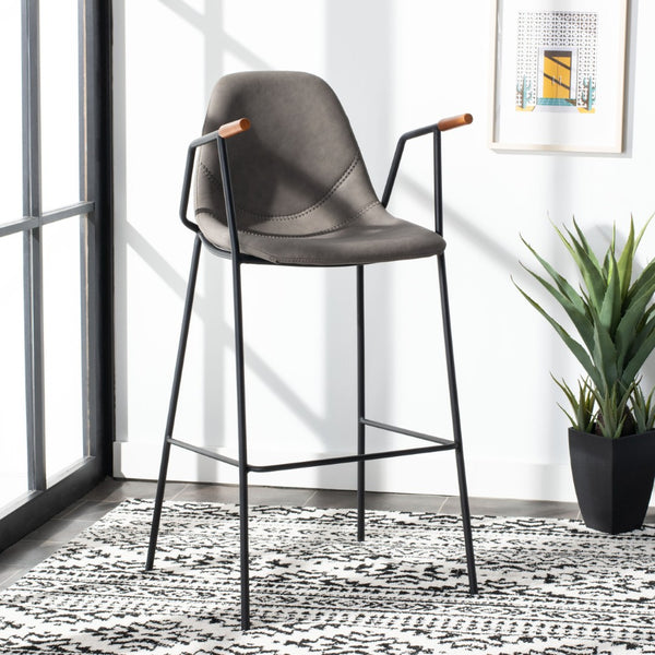 Safavieh Tanner Mid-Century Barstool: Stylish Pu Leather Seat With Walnut Accents & Hairpin Metal Legs Ash Pu/Black BST3001C