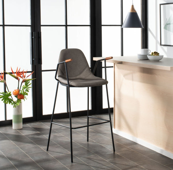 Safavieh Tanner Mid-Century Barstool: Stylish Pu Leather Seat With Walnut Accents & Hairpin Metal Legs Ash Pu/Black BST3001C