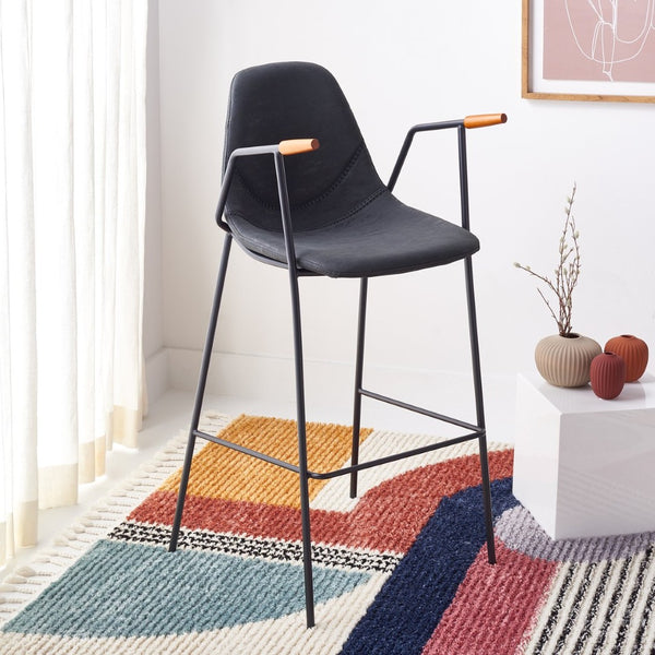 Safavieh Tanner Mid-Century Barstool: Stylish Pu Leather Seat With Walnut Accents & Hairpin Metal Legs Black Body /Walnut Armrest BST3001D