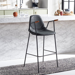 Safavieh Tanner Mid-Century Barstool: Stylish Pu Leather Seat With Walnut Accents & Hairpin Metal Legs Black Body /Walnut Armrest BST3001D